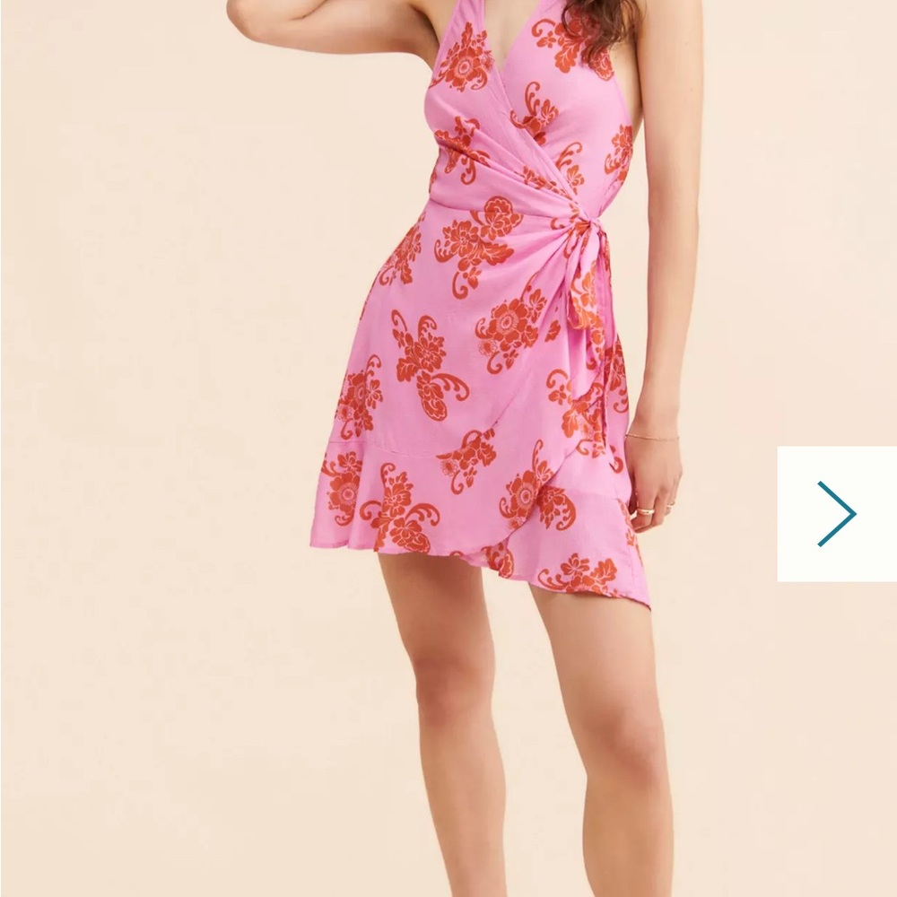 Floral Wrap Halter Mini Dress in Pink and Orange